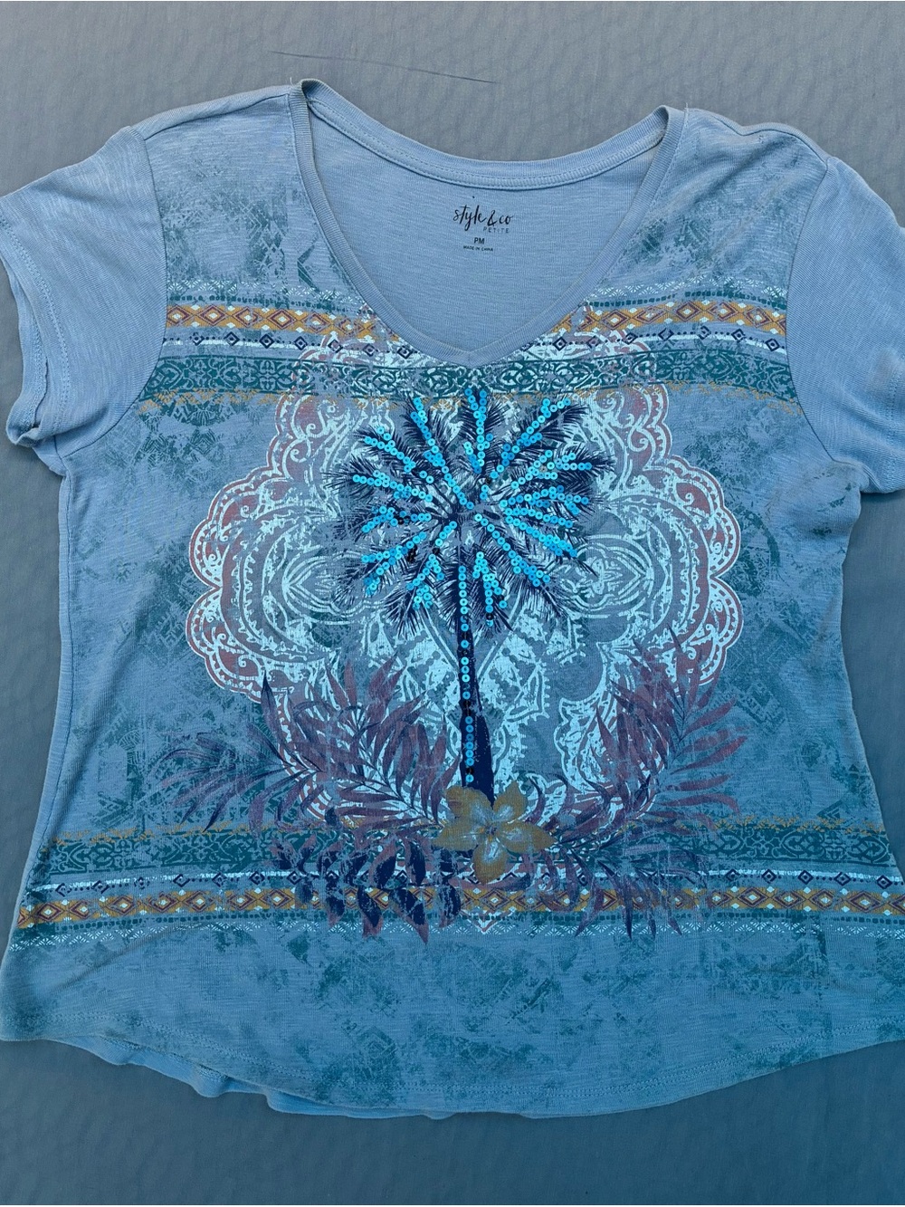 Style & Co. Light Blue Short-Sleeve V-Neck Tee with Sequin Palm
